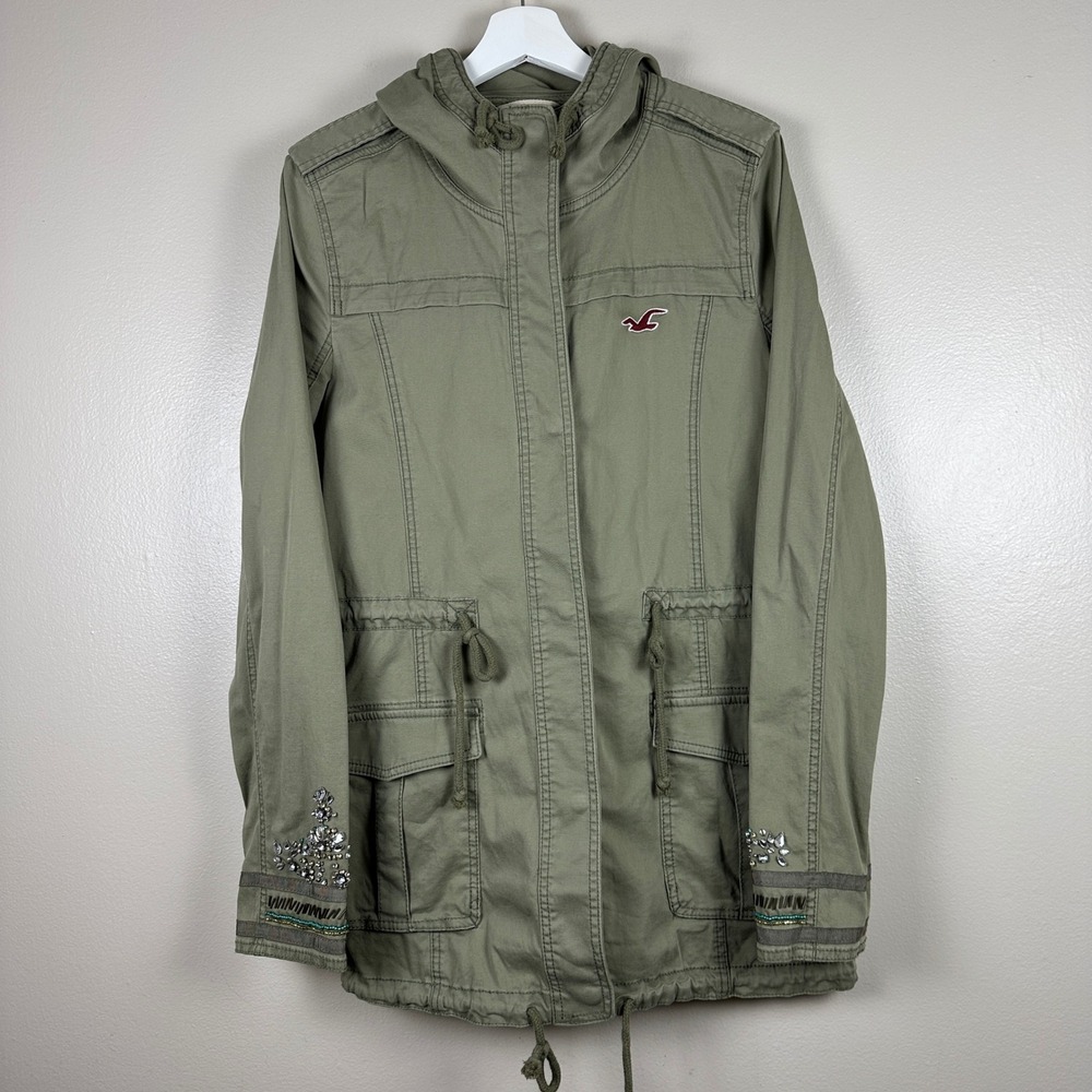 Hollister Women's Large Utility Jacket Olive Green Embellished Cuffs Hooded